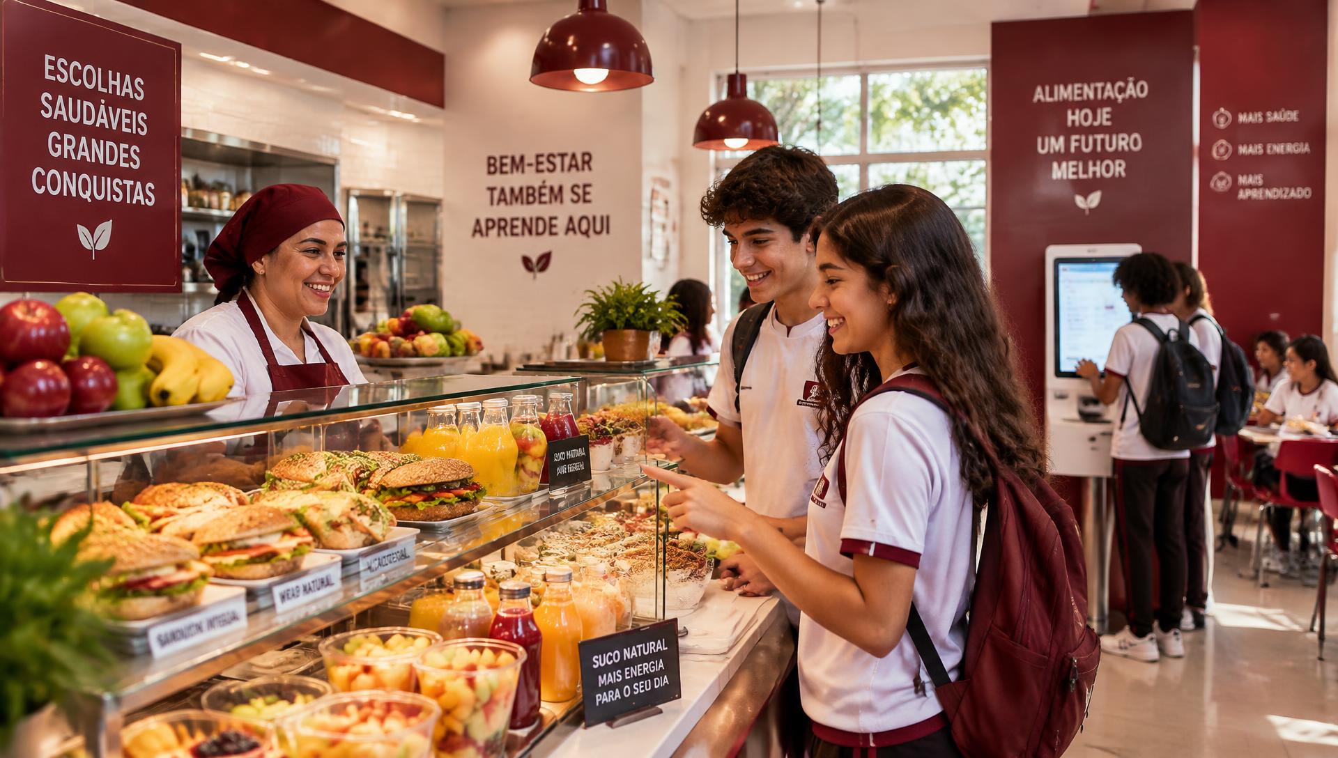 Estudantes sorrindo ao escolher lanches saudáveis em uma cantina Play
